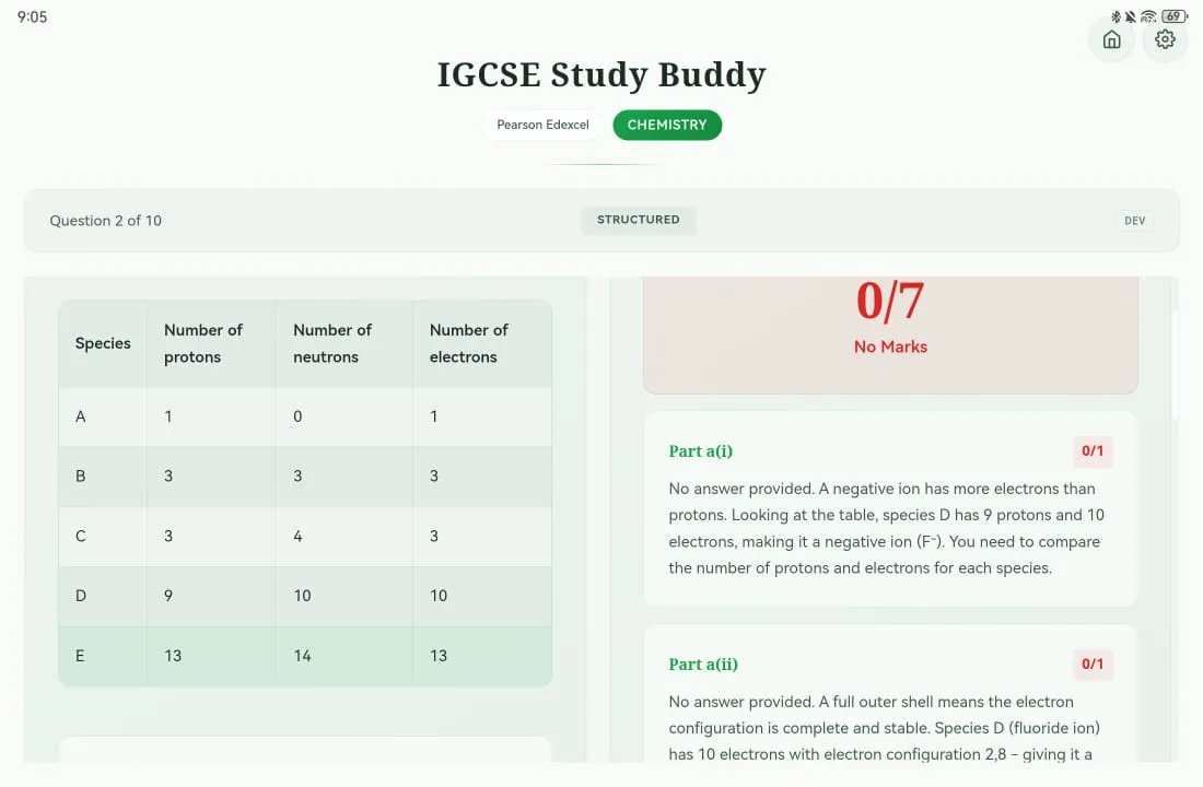 Structured question with AI feedback on landscape tablet.