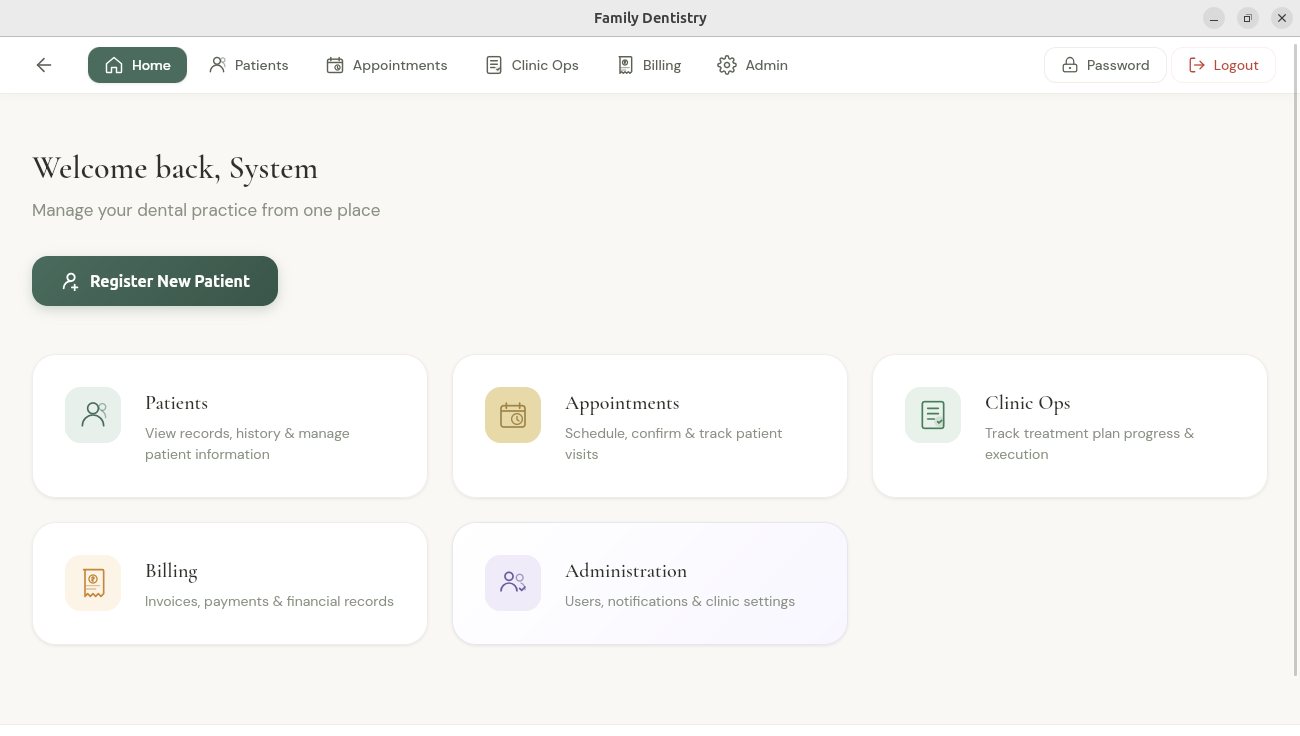 Family Dentistry — main dashboard